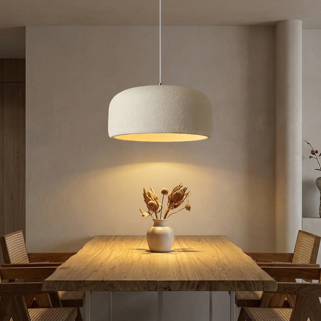 Wabi Sabi E27 Pendant Lamp hanging above a rustic oak dining table in a warm Japandi dining room