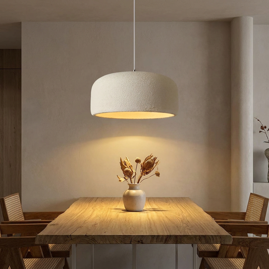 Wabi Sabi E27 Pendant Lamp hanging above a rustic oak dining table in a warm Japandi dining room