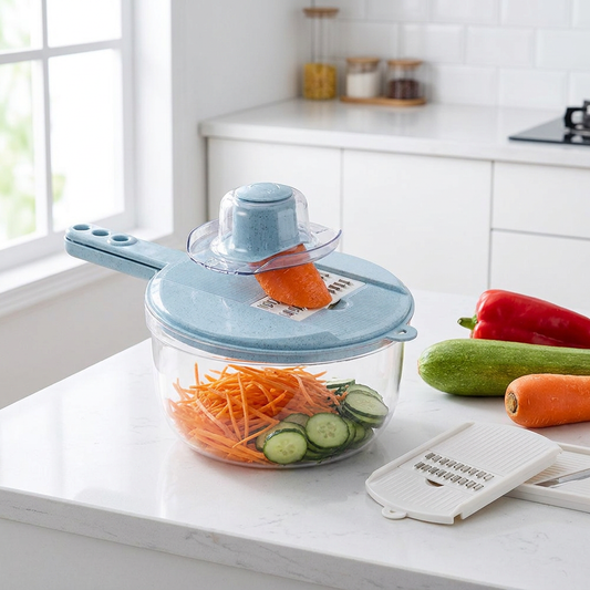8-in-1 Mandoline Slicer in use on a kitchen countertop slicing fresh colourful vegetables