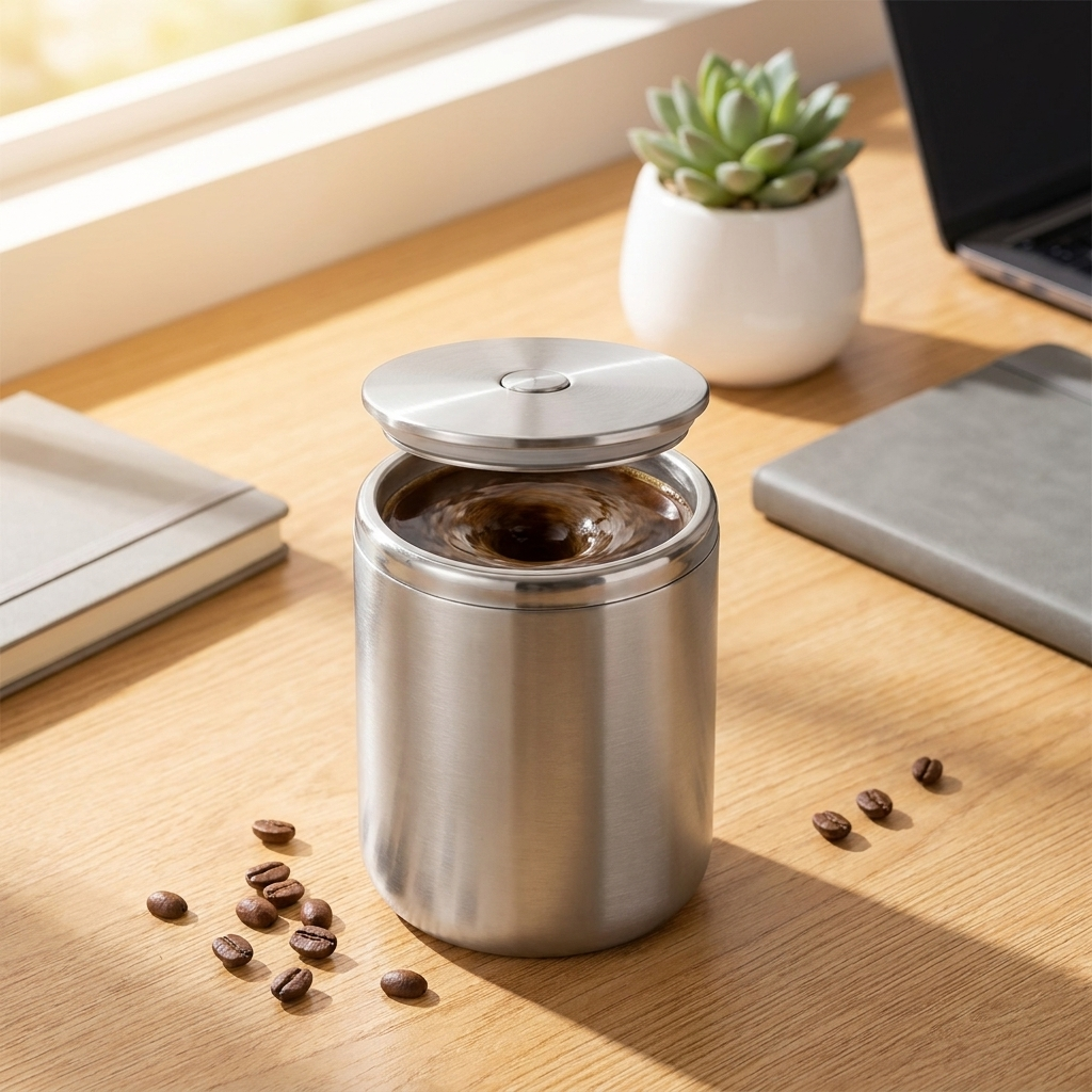 Self Stirring Mug on a modern desk with coffee creating a vortex swirl inside