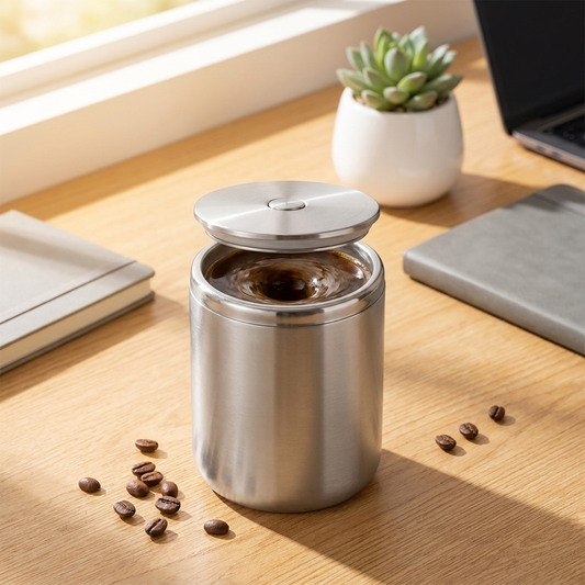 Self Stirring Mug on a modern desk with coffee creating a vortex swirl inside