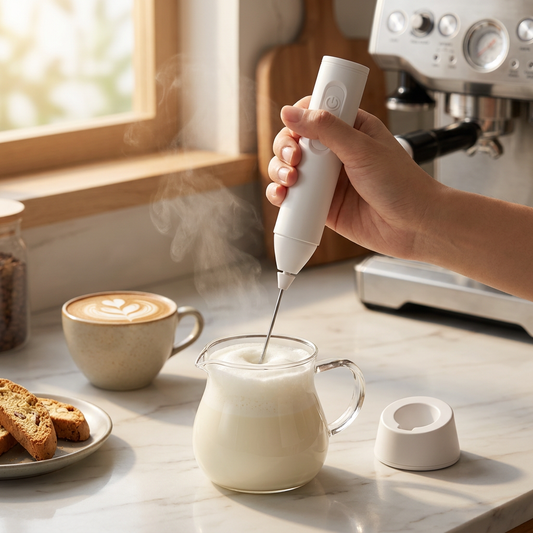 USB Rechargeable Milk Frother frothing warm milk in a glass pitcher on a marble countertop
