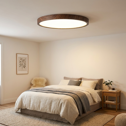 Ultra Thin Wood Grain LED Ceiling Light mounted on white ceiling in a cosy Scandinavian bedroom with warm evening glow
