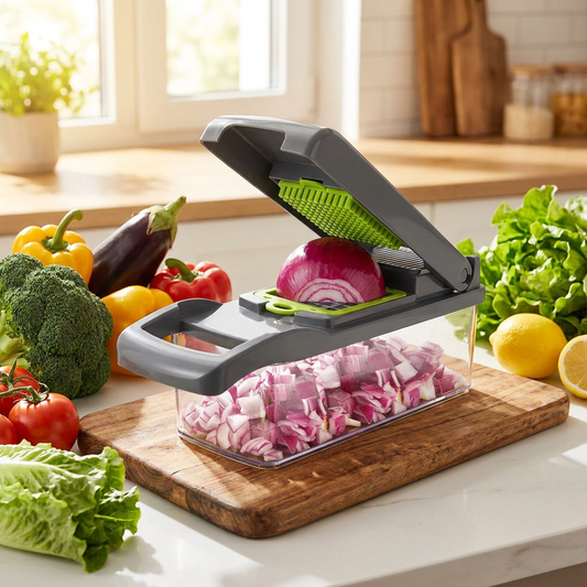 Vegetable Chopper on a wooden cutting board with freshly diced onions inside the clear container and fresh vegetables nearby