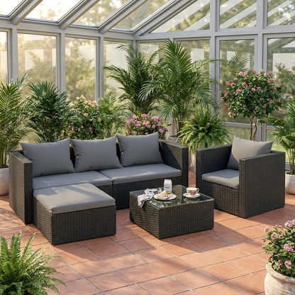 4 seater rattan garden corner sofa set lifestyle shot on covered patio terrace