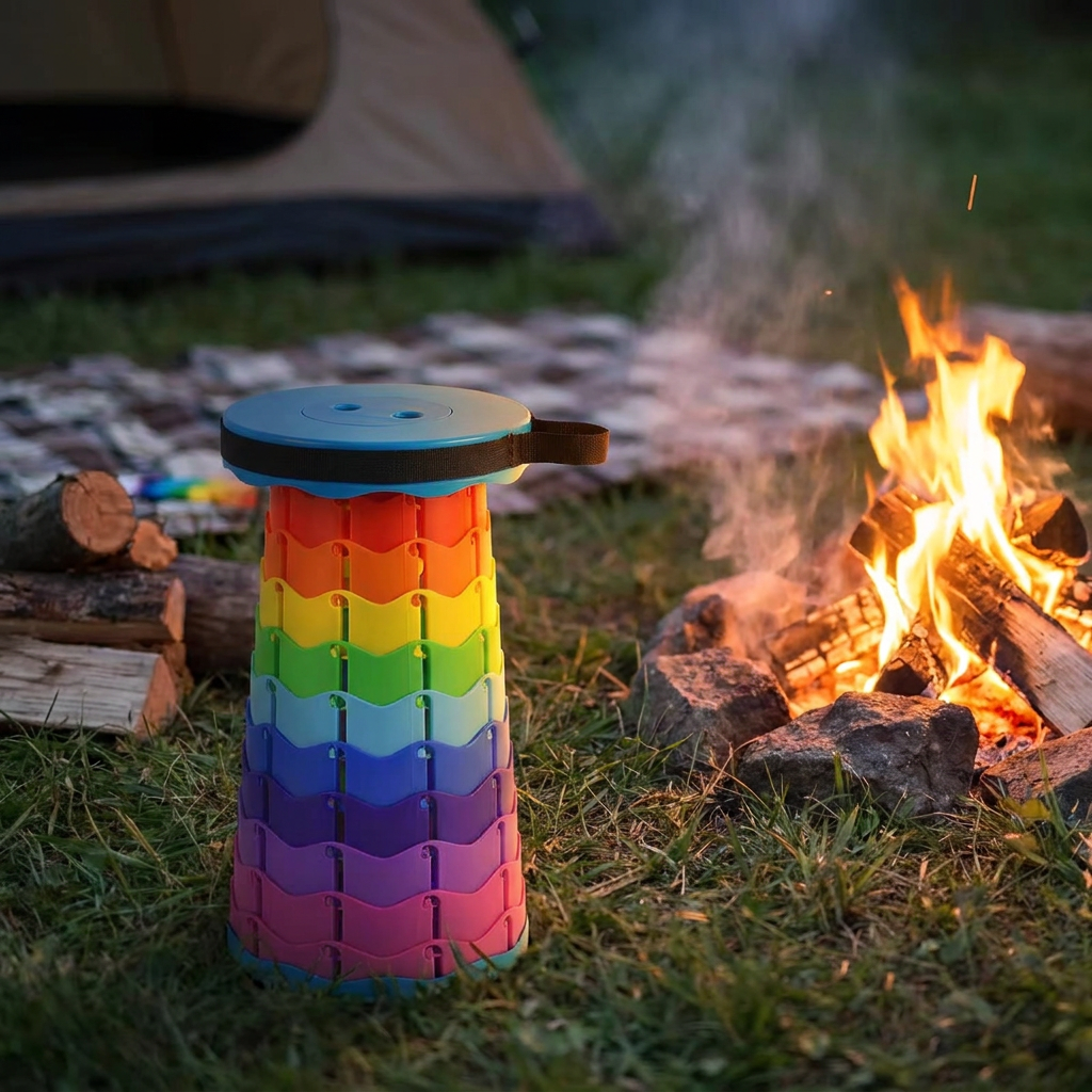 Folding stool lifestyle shot beside campfire at dusk