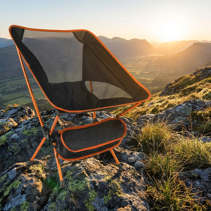 Ultralight folding camping chair lifestyle shot on hillside at golden hour