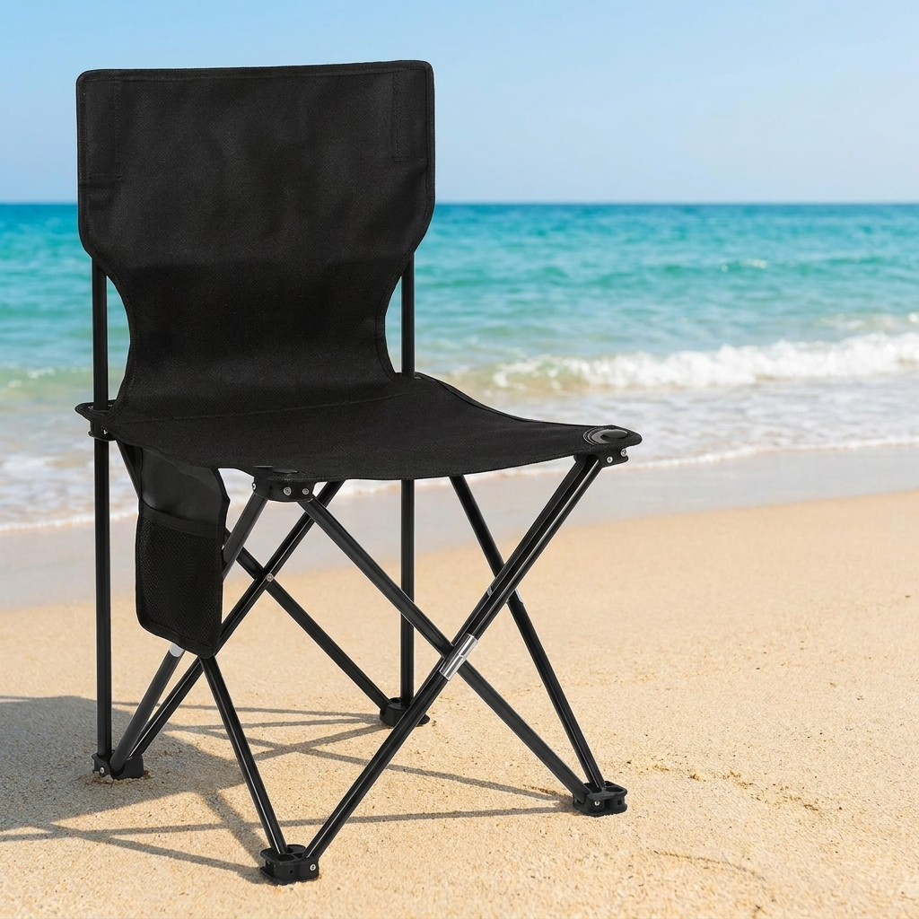 Foldable camping chair lifestyle shot on sandy beach