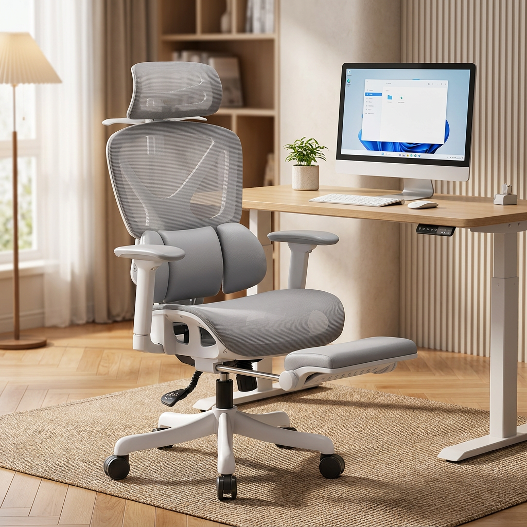 Ergonomic reclining office chair in black with headrest and lumbar support styled in a modern home office setting
