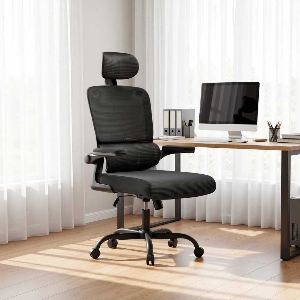 Ergonomic office chair with mesh back and adjustable headrest styled at a modern home office desk with natural lighting