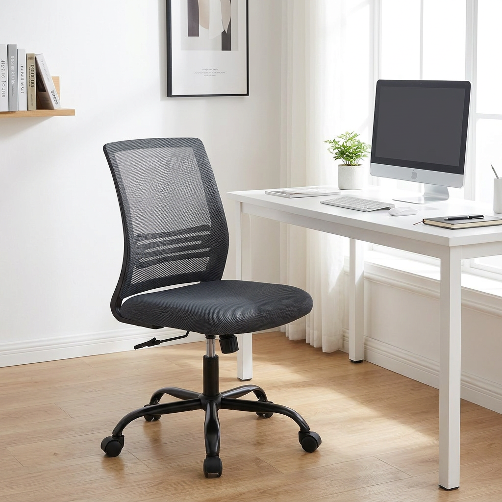 Adjustable swivel office chair with padded seat and mesh back styled at a clean white desk in a home office