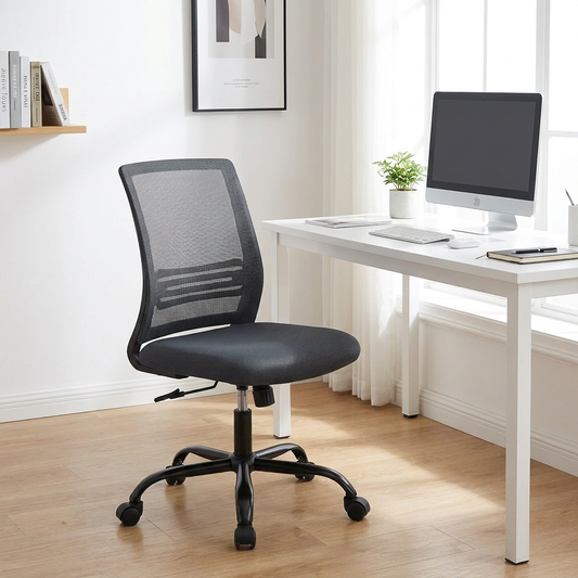 Adjustable swivel office chair with padded seat and mesh back styled at a clean white desk in a home office