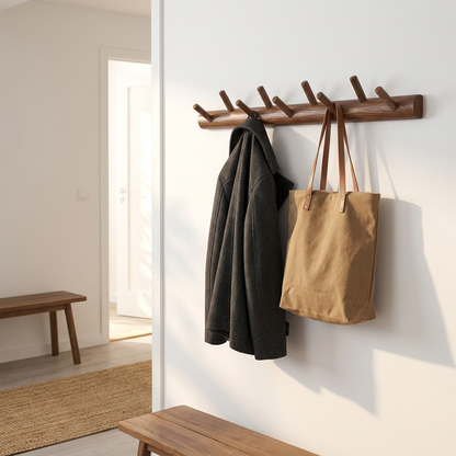 Wall mounted pine wood coat rack with hooks in modern hallway lifestyle setting