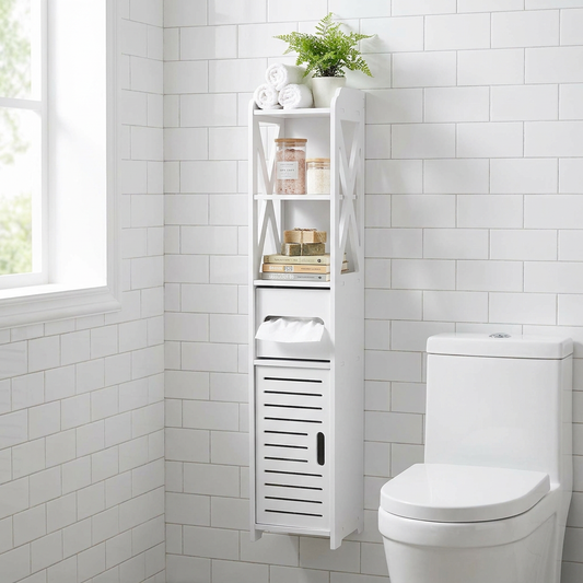Slim white bathroom storage cabinet wall mounted in modern bathroom lifestyle setting