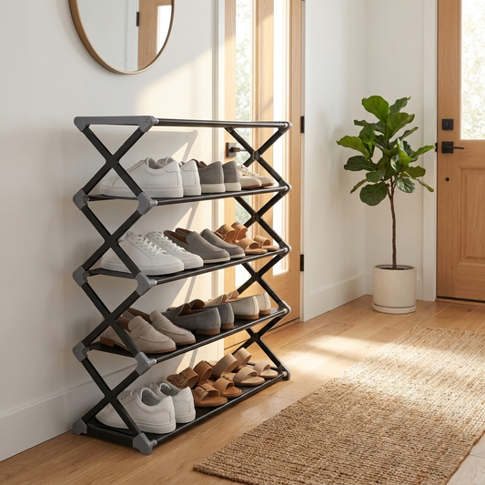 4 tier X-frame shoe rack in modern hallway lifestyle setting