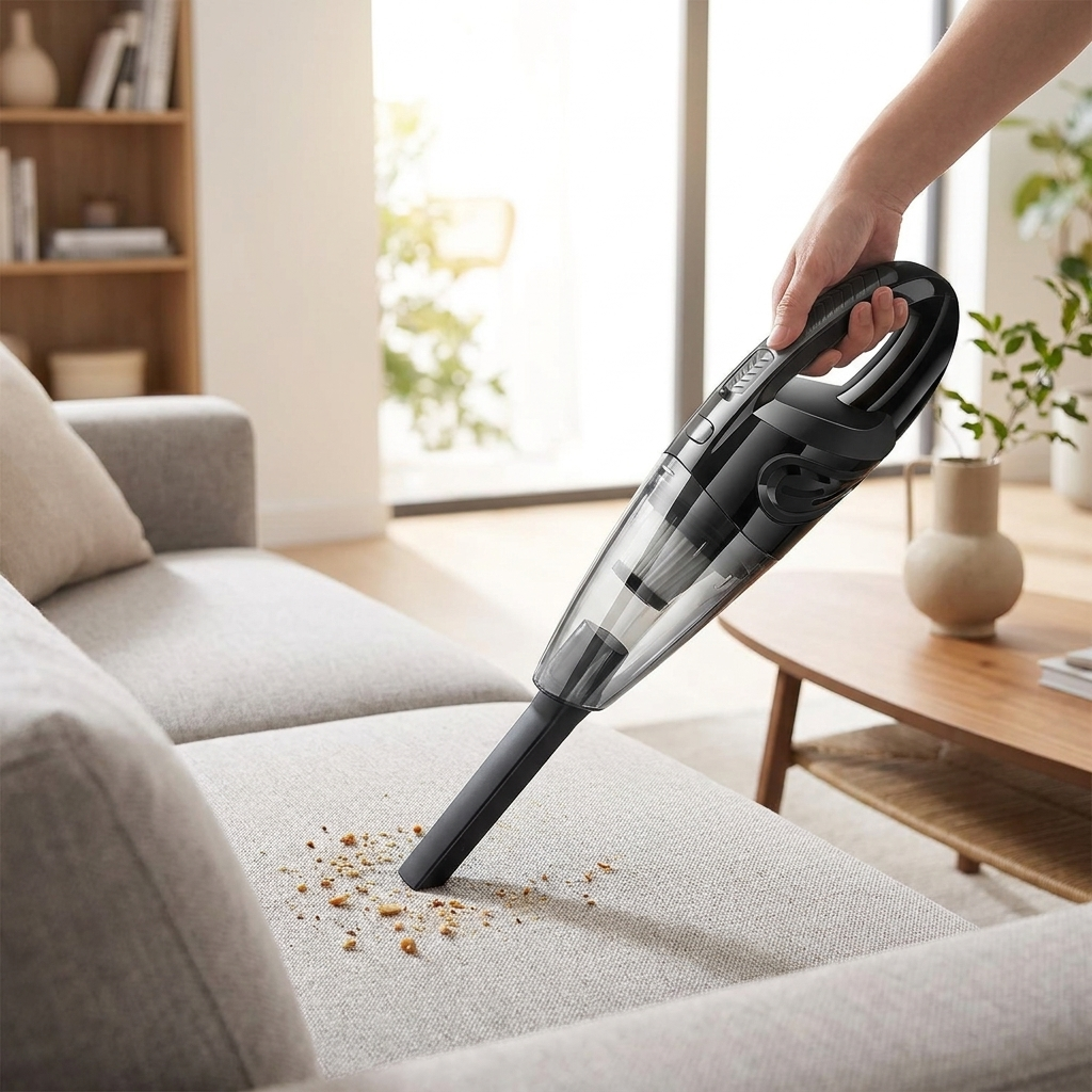 Black handheld cordless vacuum cleaner being used on grey sofa in modern living room