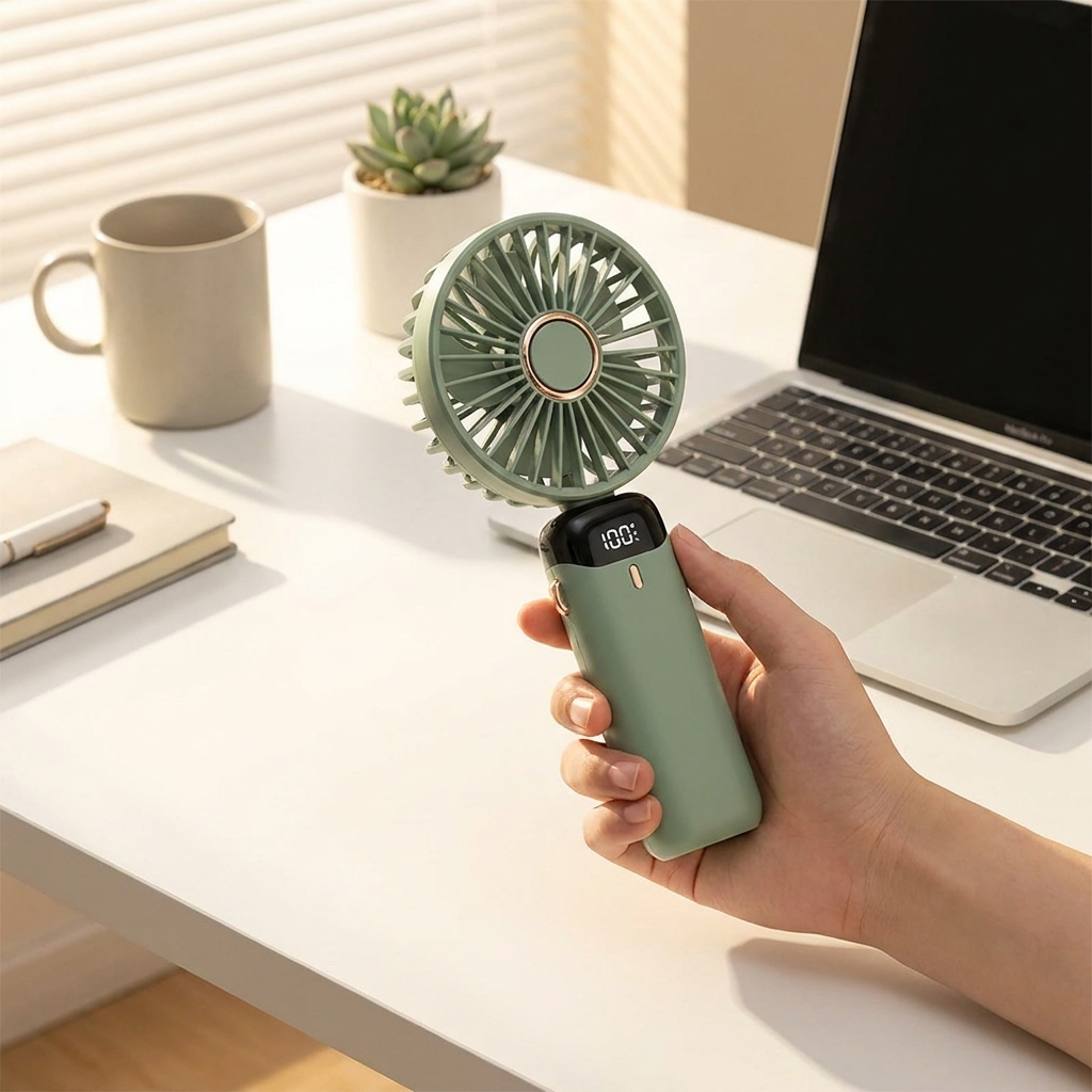 Sage green handheld mini fan with LED display held at minimalist desk
