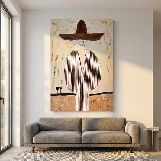 Handmade abstract oil painting on canvas hanging above grey sofa in modern living room