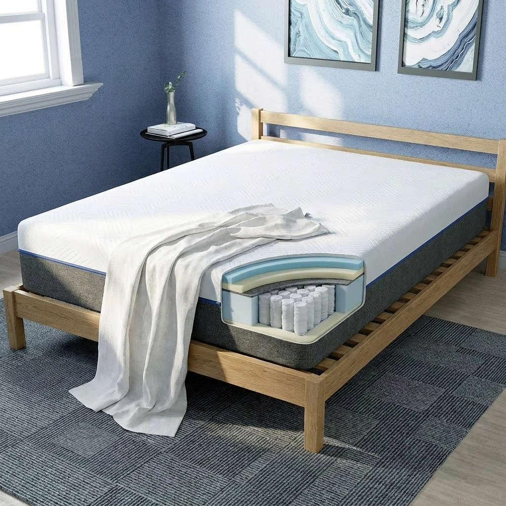 Hybrid memory foam pocket spring mattress on oak bed frame in minimalist bedroom