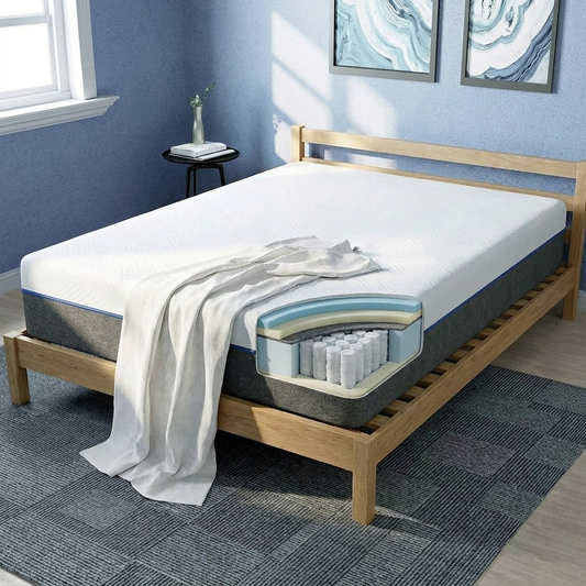 Hybrid memory foam pocket spring mattress on oak bed frame in minimalist bedroom