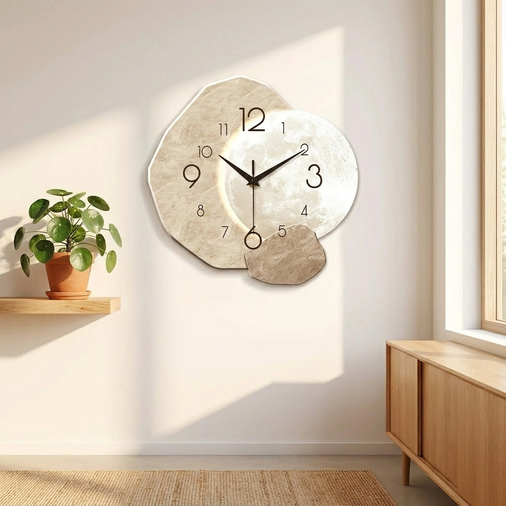 Silent moon design wall clock with wooden frame on white wall in Scandinavian living room