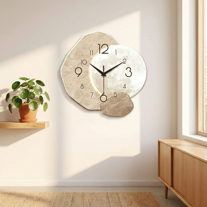 Silent moon design wall clock with wooden frame on white wall in Scandinavian living room
