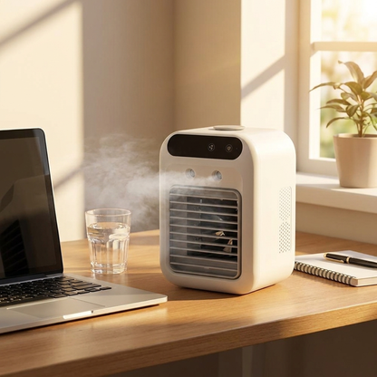 Desktop evaporative air cooler on wooden office desk beside laptop in summer light