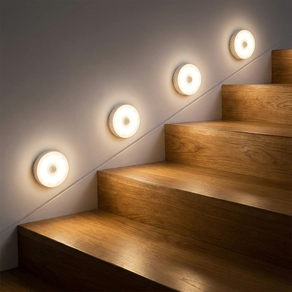 Multiple round LED motion sensor night lights illuminating staircase steps at night