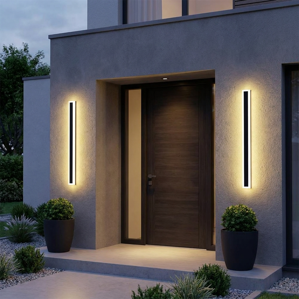 Vynn Linear Outdoor Wall Light - lifestyle shot showing pair flanking front door at dusk