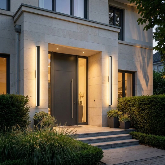 Silex LED Outdoor Wall Light - lifestyle shot showing pair flanking front door at dusk