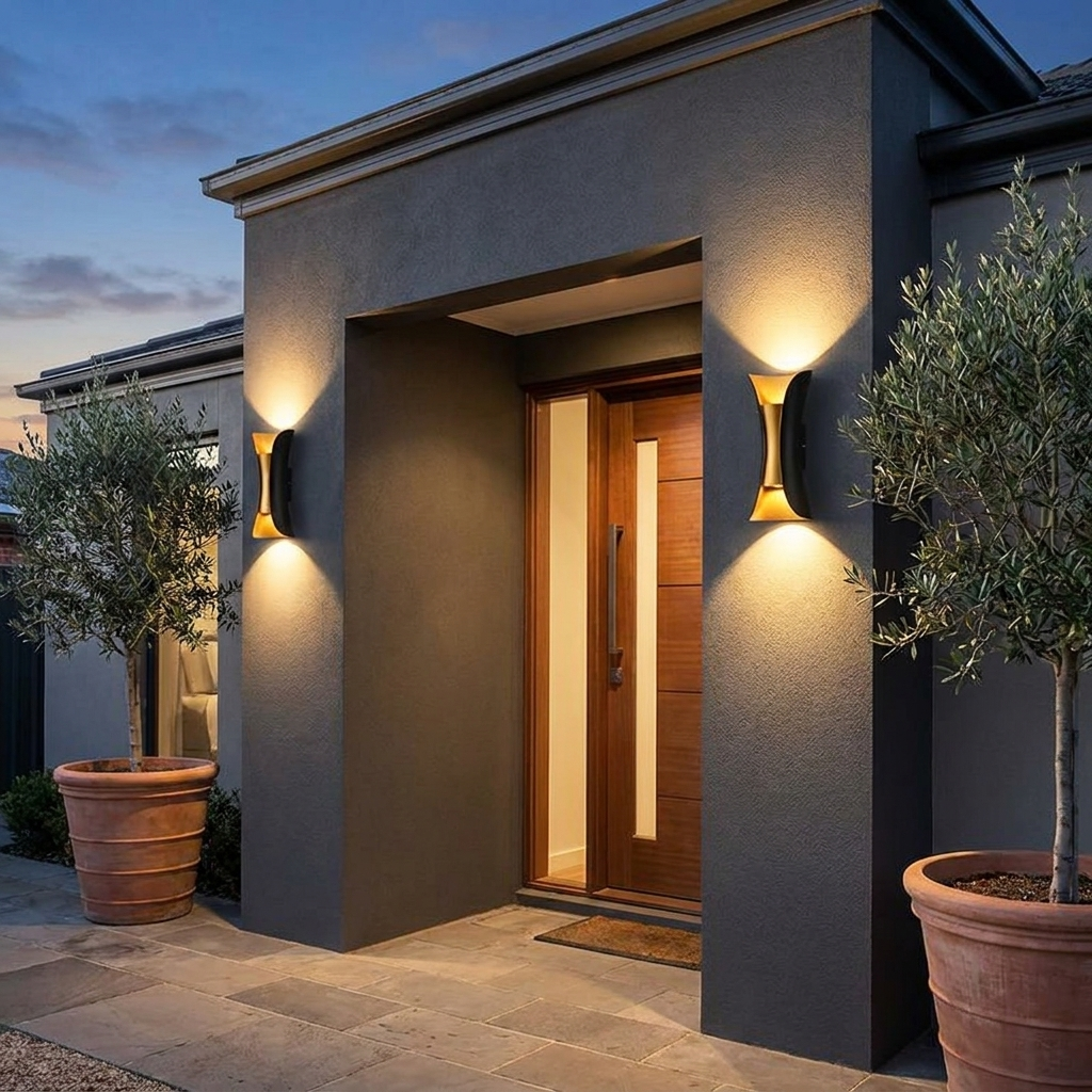 Noxel Curved Outdoor Wall Light - lifestyle shot showing pair flanking front door at dusk
