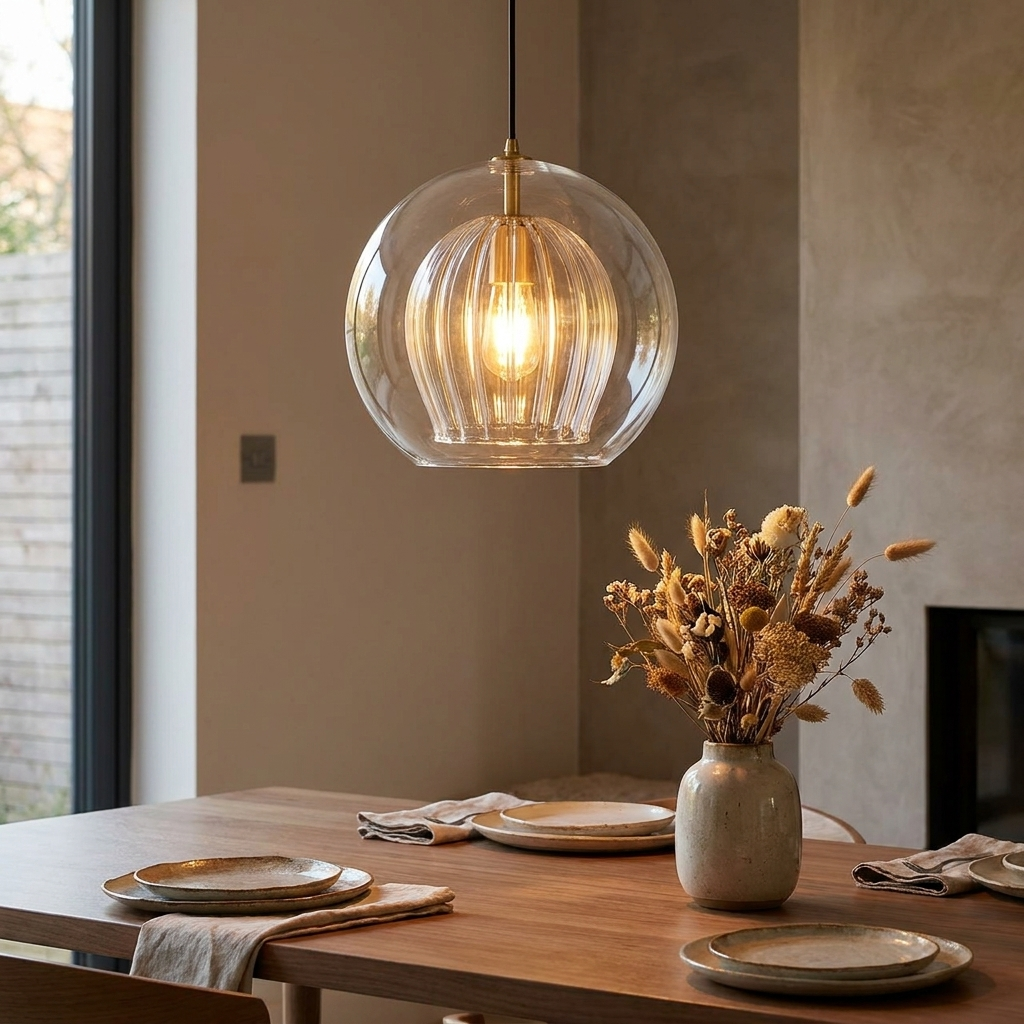 June glass globe pendant light hanging over a modern dining table at dusk