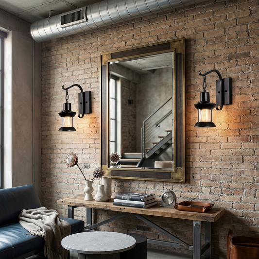 Etra industrial swing-arm wall light mounted on exposed brick wall