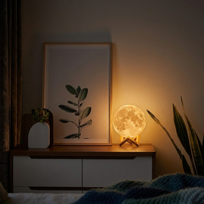 Lunar Glow 3D Moon Lamp glowing on a bedside table in a cozy bedroom
