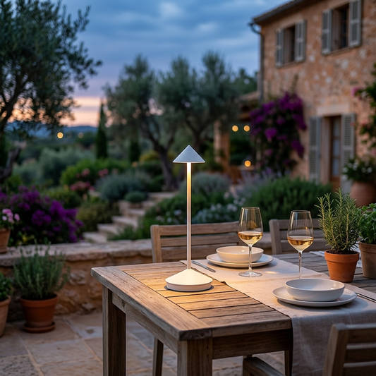 Luma cordless rechargeable table lamp glowing on an outdoor dining table at dusk