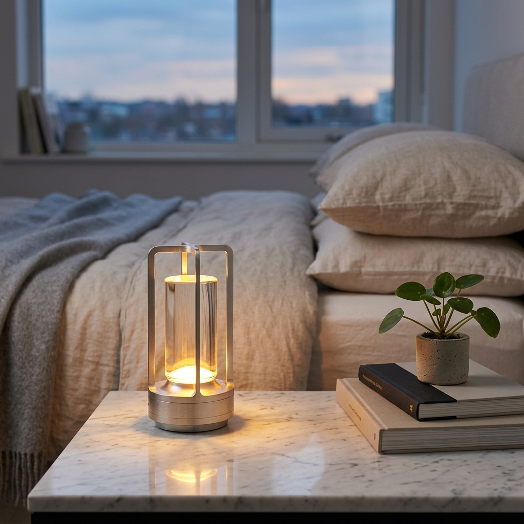 Aura Touch Dimmable Rechargeable Table Lamp glowing on a bedside table in a modern bedroom