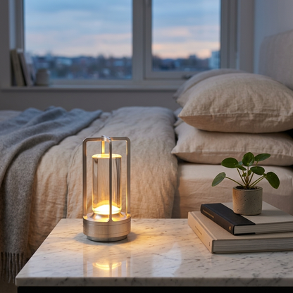Aura Touch Dimmable Rechargeable Table Lamp glowing on a bedside table in a modern bedroom
