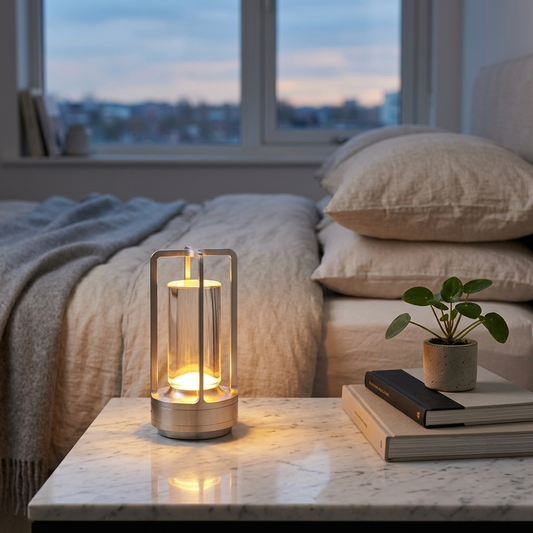Aura Touch Dimmable Rechargeable Table Lamp glowing on a bedside table in a modern bedroom