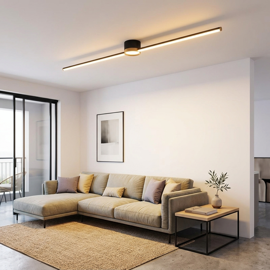 Erix Linear Flush Mount Ceiling Light in black mounted in a modern minimalist living room