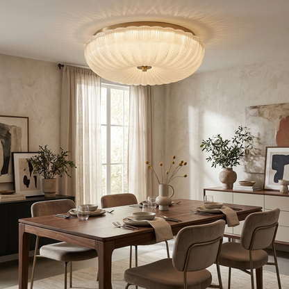 Ripple Glass Halo Ceiling Light flush mounted in a modern dining room with warm ambient glow