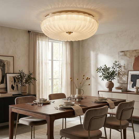 Ripple Glass Halo Ceiling Light flush mounted in a modern dining room with warm ambient glow
