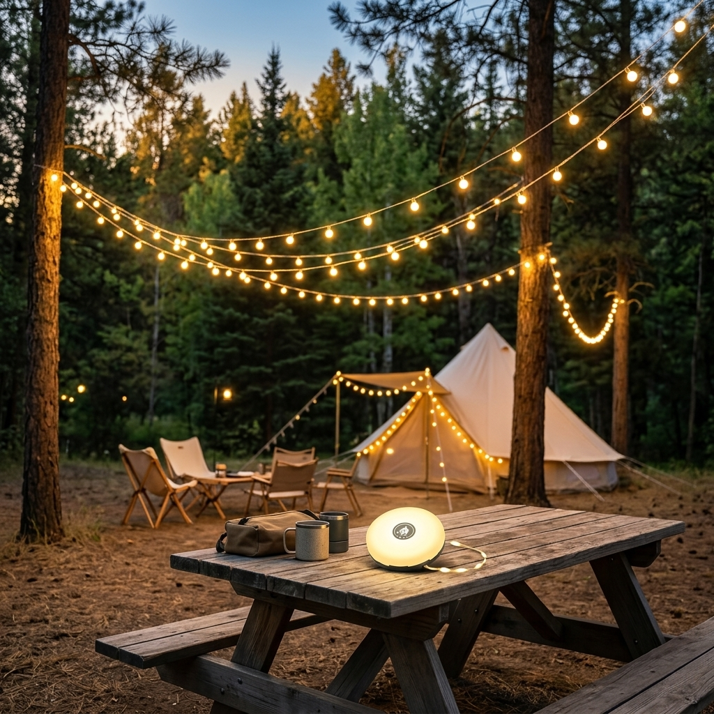 Adventure Light 4-in-1 retractable camp light with warm LED string lights at a campsite at dusk