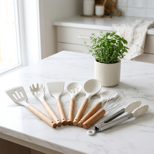 Culina silicone and wood kitchen utensil set arranged on a marble countertop in a modern kitchen