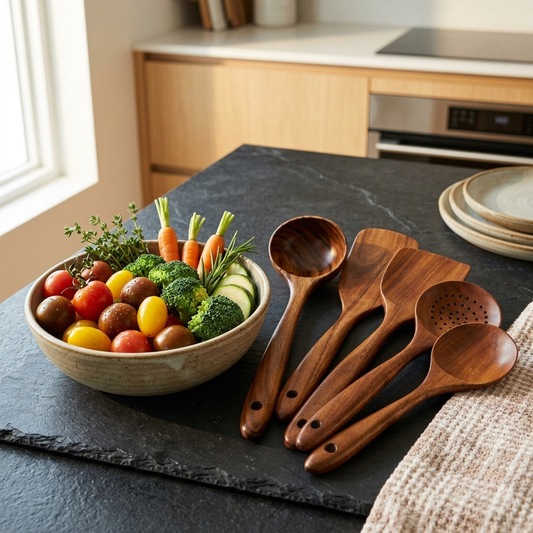 Arbor 7-piece natural wood utensil set arranged on a dark slate countertop in a modern kitchen