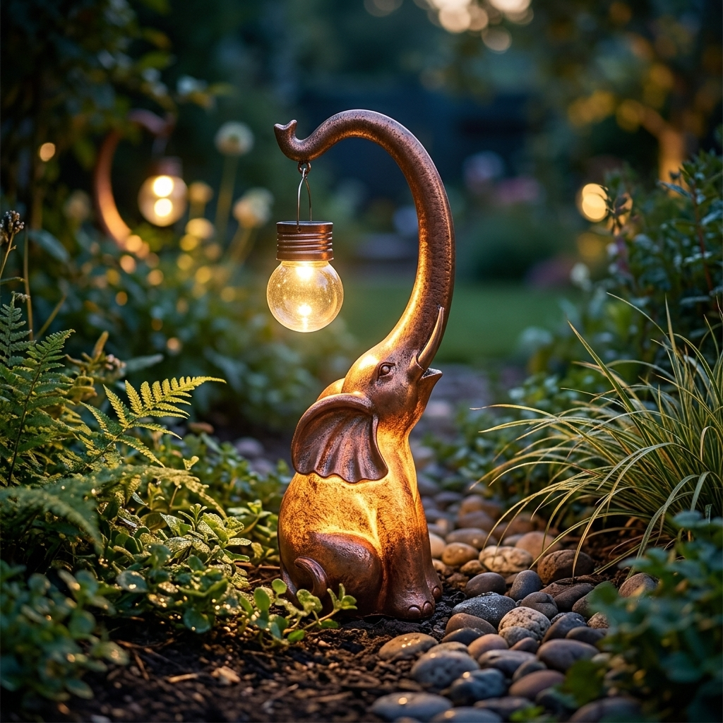 Tembo solar-powered copper elephant lamp glowing warmly at dusk in a lush garden