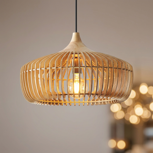 Muto Nordic wood dome pendant light with warm bokeh background and soft shadows