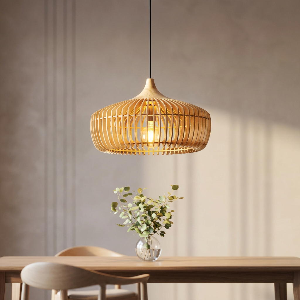 Muto Nordic wood dome pendant light glowing warmly with golden light in a cinematic editorial setting