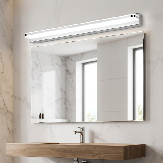 LED bathroom mirror vanity strip light casting bright white light above an elegant bathroom mirror