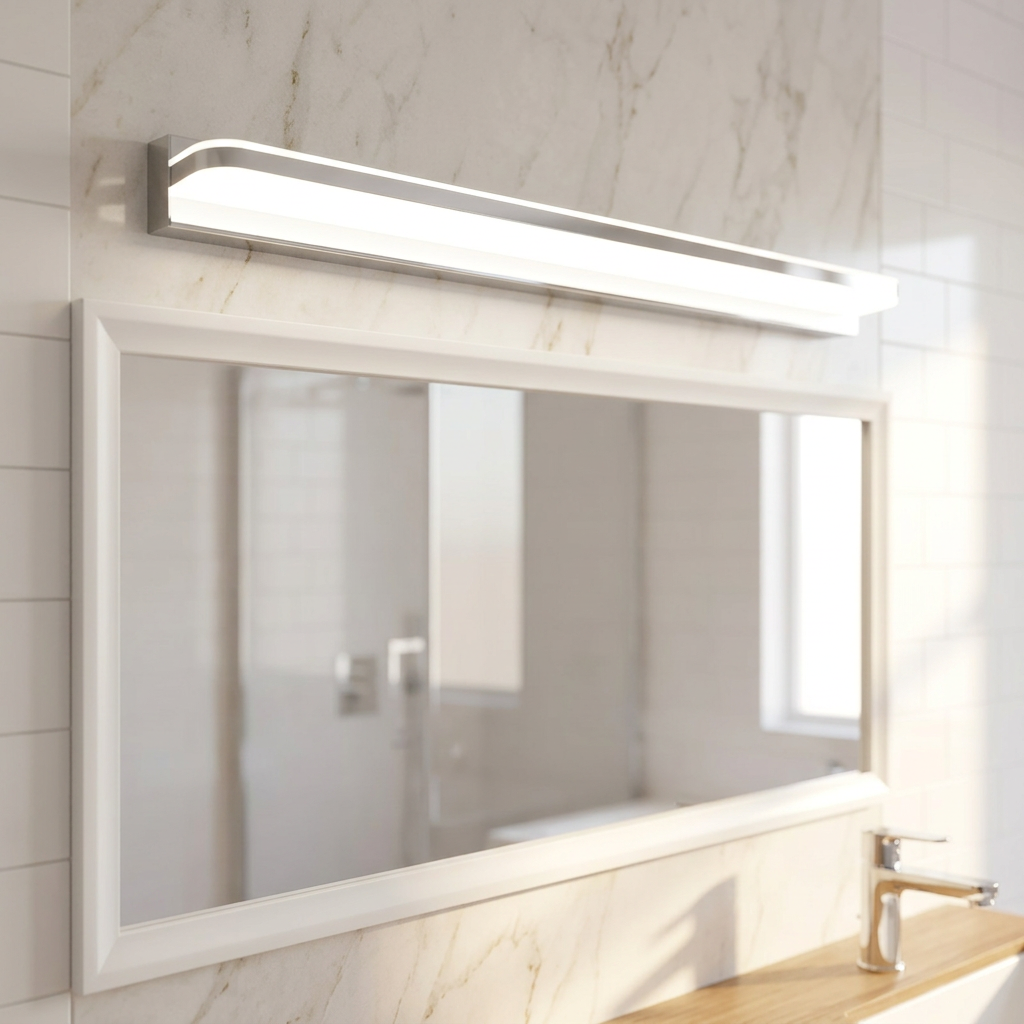 LED bathroom mirror vanity light bar in a bright modern luxury bathroom with marble walls