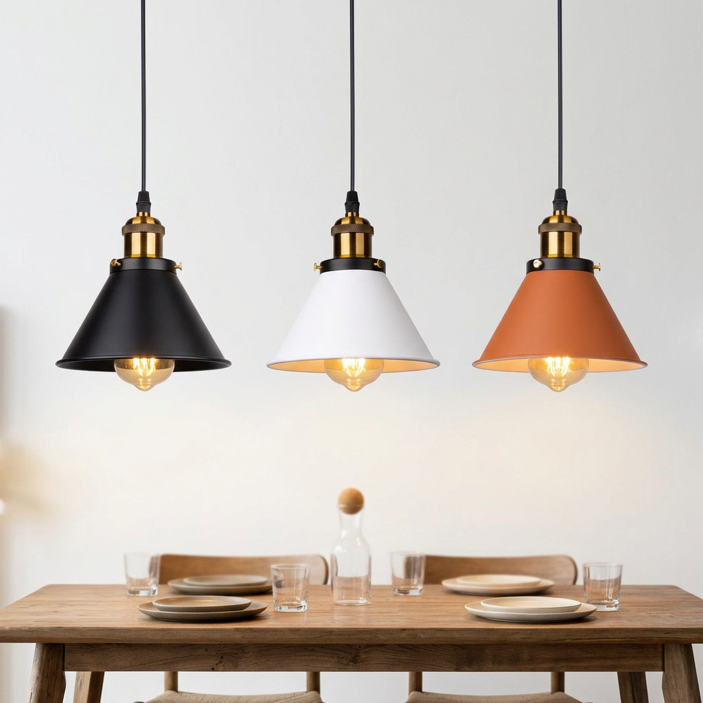 Industrial retro conical pendant light in black hanging over dining table, warm Edison bulb glow